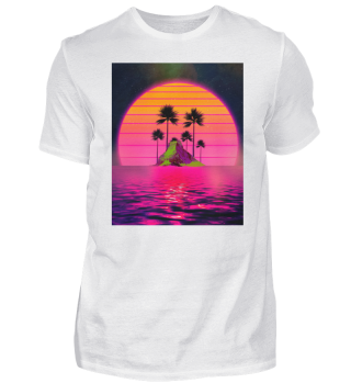 Synthwave Retro 80s Sunset Beach Island with palms Gift design-c2d2
